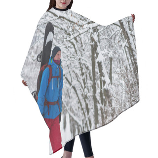 Personality  Smiling Snowboarder With Backpack Walks Through The Forest Hair Cutting Cape