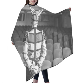 Personality  Actor Dressed Jester's Costume In Interior Of Old Theater. Black-white Portrait. Hair Cutting Cape