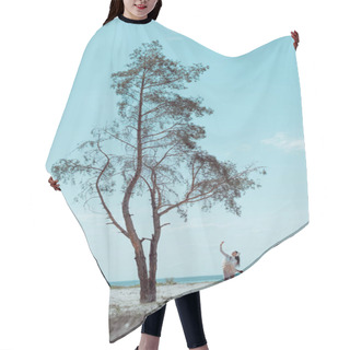 Personality  Brunette Woman In White Swan Costume Standing Near Tree On Sandy Beach Hair Cutting Cape