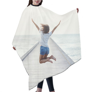 Personality  Back View Of Jumping Girl On Pier Hair Cutting Cape