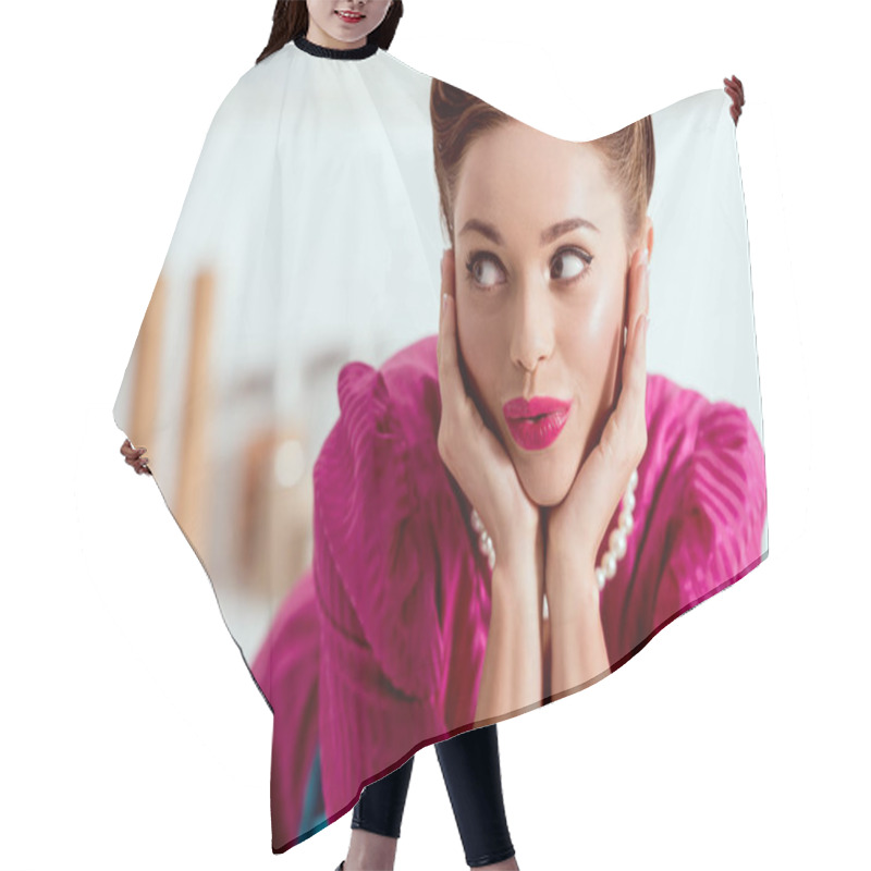 Personality  Beautiful Pin Up Girl Leaning Up On Kitchen Table And Holding Head In Hands Hair Cutting Cape