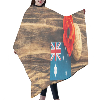 Personality  Panoramic Crop Of Australian Flag Near Artificial Flower And Cookie On Wooden Surface  Hair Cutting Cape