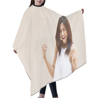 Personality  Happy, Positive, Smiling, Confident Woman On Plain Backgroun Hair Cutting Cape