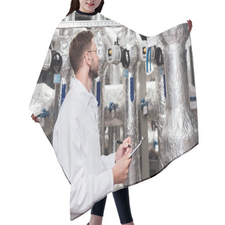 Personality  Bearded Engineer In White Coat Holding Pen And Clipboard Near Air Compressed System  Hair Cutting Cape