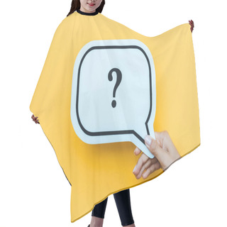 Personality  Cropped View Of Woman Holding Speech Bubble With Question Mark On Orange  Hair Cutting Cape