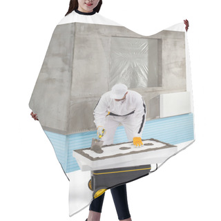 Personality  Worker Spreading A Putty On An Insulation Panel Hair Cutting Cape