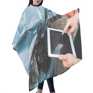 Personality  Cropped View Of Man Pointing With Finger At Digital Tablet With Blank Screen Near Crashed Car  Hair Cutting Cape