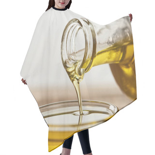Personality  Pouring Olive Oil From Bottle Into Glass Bowl On Grey Background Hair Cutting Cape