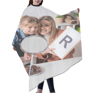 Personality  Girl And Speech Therapist With Clipboard Talking Near Mirror In Consulting Room  Hair Cutting Cape