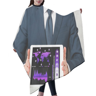 Personality  Cropped View Of Businessman Holding Digital Tablet With World Map, Charts And Graphs On Screen On White  Hair Cutting Cape