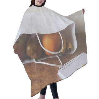 Personality  At Kitchen: Paper Bag, Fruits, Notebook, Pencil. Shopping Concept Hair Cutting Cape
