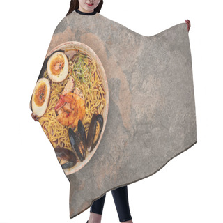 Personality  Top View Of Spicy Seafood Ramen On Stone Surface Hair Cutting Cape