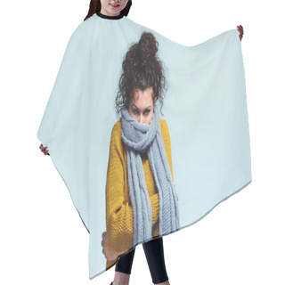 Personality  Frozen Woman Hiding Face In Warm Scarf Isolated On Blue Hair Cutting Cape