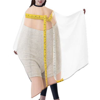 Personality  Cropped Shot Of Woman With Measuring Tape Tied Around Her Waist Isolated On White Hair Cutting Cape