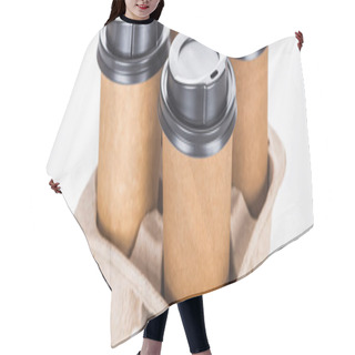 Personality  Panoramic Shot Of Paper Cups With Coffee In Cardboard Tray On White Background  Hair Cutting Cape
