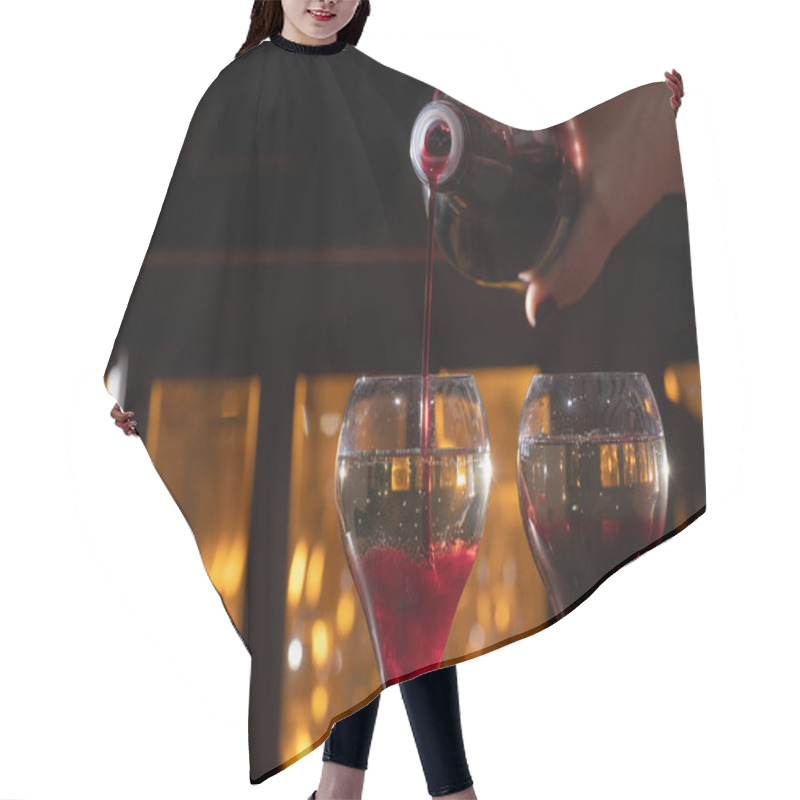 Personality  Drinking Of Kir Royal, French Aperitif Cocktail Made From Creme De Cassis Topped With Champagne, Typically Served In Tulip Glasses Served In Bar Hair Cutting Cape