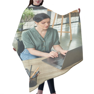 Personality  Good Looking Businesswoman In Casual Attire In Wheelchair Working At Her Laptop While In Office Hair Cutting Cape