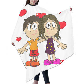 Personality  Cartoon Of Boy And Girl Hugging, Happy, With Hearts Behind, On A White Background. Hair Cutting Cape