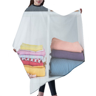 Personality  Pile Of Folded Colored Fabric On White Shelf Hair Cutting Cape