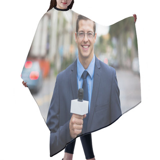 Personality  News Reporter Live Broadcasting On Street Hair Cutting Cape