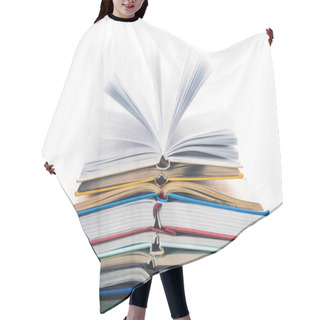 Personality  Stack Of Open Books On Wooden Table Hair Cutting Cape