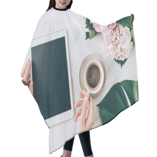 Personality  Cropped View Of Woman Hand With Coffee Cup And Digital Tablet With Blank Screen On Tabletop With Hortensia Flowers  Hair Cutting Cape