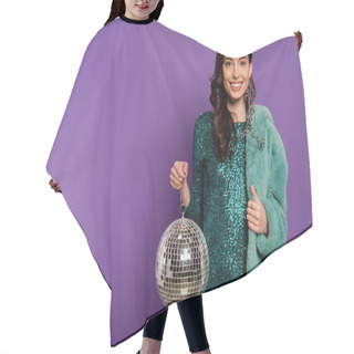 Personality  Cheerful And Stylish Woman Holding Disco Ball And Showing Thumb Up On Purple  Hair Cutting Cape