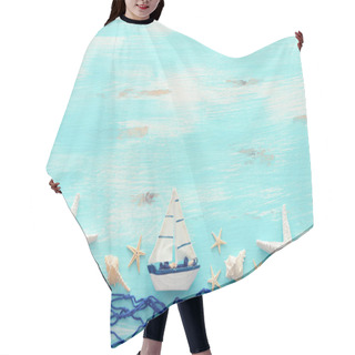Personality  Vacation And Summer Concept With Vintage Boat, Starfish And Seashells Over Pastel Blue Wooden Background. Top View Flat Lay Hair Cutting Cape