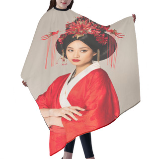Personality  Pretty Asian Woman With Red Lips And Traditional Clothes Isolated On Grey  Hair Cutting Cape