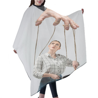 Personality  Cropped View Of Puppeteer Manipulating Girl With Frying Pan Isolated On Grey Hair Cutting Cape