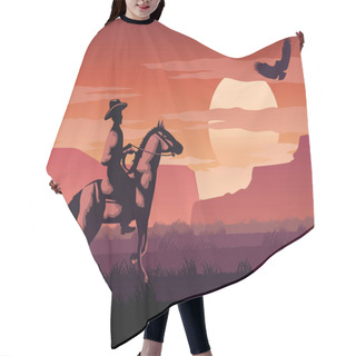 Personality  Silhouette And Monochrome Scenery Cowboy In Savannah Field Go Back Home On Sunset Time,red Color Style,vector Illustration Hair Cutting Cape