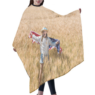 Personality  Cute And Happy Kid Holding American Flag In Golden Field  Hair Cutting Cape