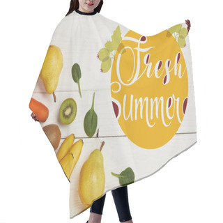 Personality  Top View Of Fresh Fruits And Spinach Leaves On White Wooden Background With Copy Space, Fresh Summer Inscription Hair Cutting Cape