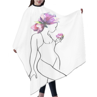 Personality  Woman With Bunch Of Flowers Of Magnolia. Line Art Illustration With Oil Painted Big Beautiful Pink Flowers. Line Art. Trendy Style. Modern Art Hair Cutting Cape