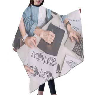 Personality  Cropped View Of Illustrator Pointing With Finger At Cartoon Sketch Near Coworker  Hair Cutting Cape