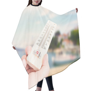 Personality  Hand Holding Thermometer On City With Lake Background Hair Cutting Cape
