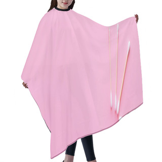 Personality  Top View Of Cosmetic Cotton Swabs On Pink Background With Copy Space, Banner Hair Cutting Cape