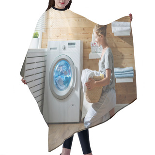 Personality  Happy Housewife Woman In Laundry Room With Washing Machine  Hair Cutting Cape