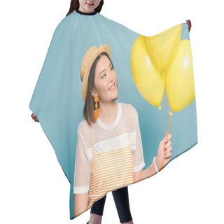Personality  Happy Asian Girl In Striped Dress And Straw Hat With Yellow Balloons On Blue Background Hair Cutting Cape