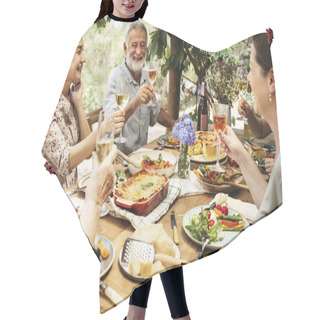 Personality  Friends Having Dinner In The Garden Hair Cutting Cape