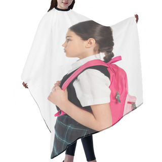 Personality  Side View, Preteen Schoolgirl Standing With Pink Backpack Isolated On White, Back To School Concept Hair Cutting Cape