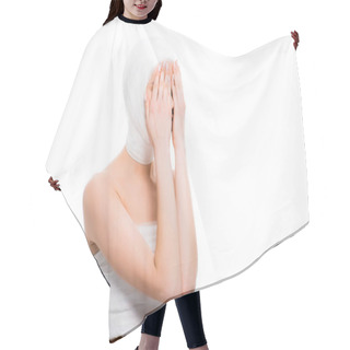Personality  Girl With Bandaged Head Covering Face With Hands Isolated On White    Hair Cutting Cape