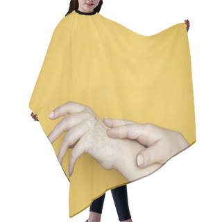 Personality  Hands With Dry Cracked Skin, The Concept Of Hand Skin Problems. Yellow Background Hair Cutting Cape