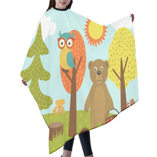 Personality  Animals In Forest Picks Mushrooms And Berries  - Vector Illustration, Eps Hair Cutting Cape