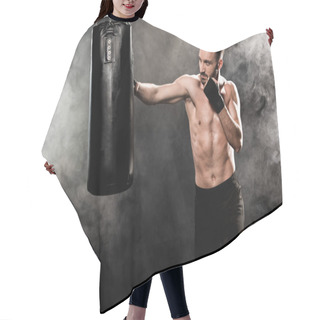 Personality  Shortless Athletic Boxer Exercising With Punching Bag On Black With Smoke Hair Cutting Cape