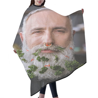 Personality  Senior Man With Greens In Beard Hair Cutting Cape