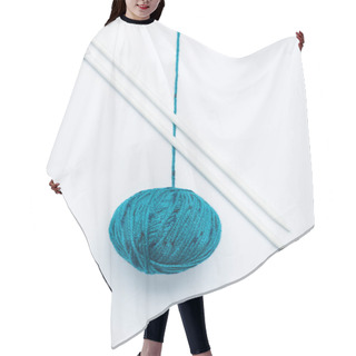 Personality  Top View Of Blue Yarn Ball  And Knitting Needles On White Background Hair Cutting Cape