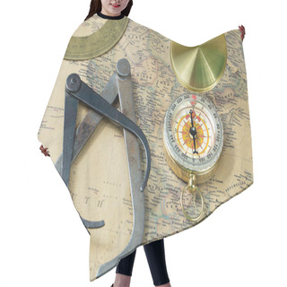 Personality  The Old Measuring Tool Gold Compass With Cover On Vintage Map, Macro Background, Compasses Hair Cutting Cape