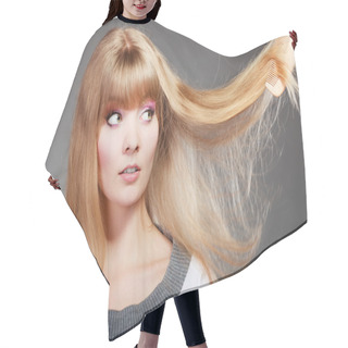 Personality  Blonde Woman With Her Damaged Dry Hair. Hair Cutting Cape