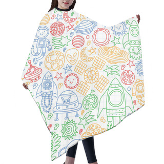 Personality  Vector Pattern With Space Icons, Planets, Spaceships, Stars, Comets, Rockets, Space Shuttle, Flying Saucers. Hair Cutting Cape